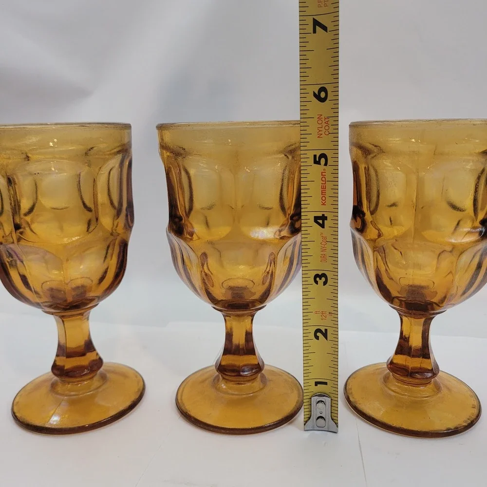 Indiana Glass Whitehall Amber Goblets Vintage Set of 3 Cubist Footed Glasses